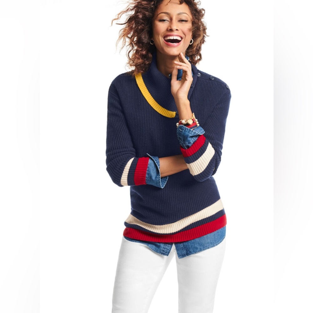 Women’s Talbots Petite Striped Sweater Size S‎ Navy Preppy Old Money Button Neck
